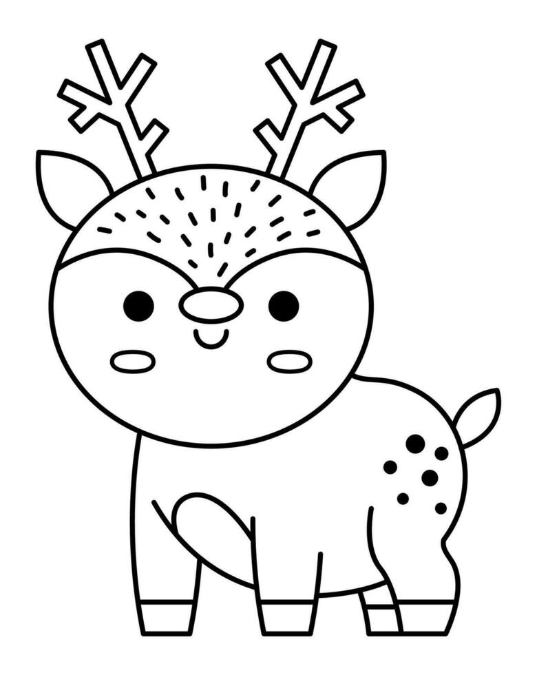 vector negro y blanco kawaii ciervo. linda Navidad animal personaje ilustración aislado en blanco antecedentes. nuevo año o invierno sonriente pequeño reno. gracioso línea icono, colorante página