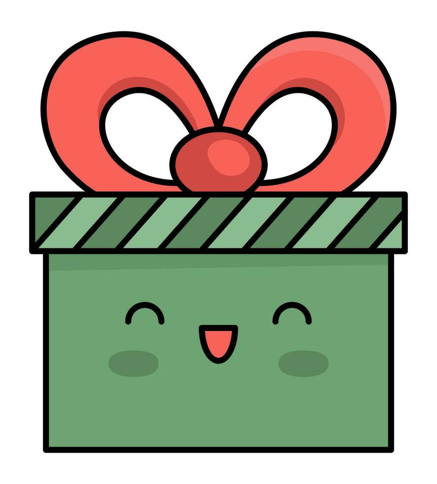 vector de colores kawaii presente con cinta. linda Navidad personaje ilustración aislado en blanco antecedentes. nuevo año o invierno sonriente regalo caja. gracioso dibujos animados fiesta icono