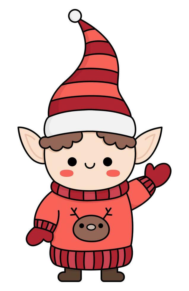 Vector colored kawaii elf in hat, mittens and sweater. Cute Christmas character illustration isolated on white. New Year or winter smiling dwarf. Funny cartoon holiday icon