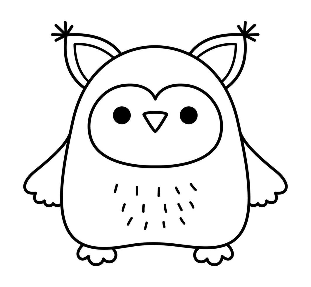 Vector black and white kawaii owl. Cute woodland animal character illustration isolated on white background. Christmas or winter smiling forest bird. Funny line icon, coloring page