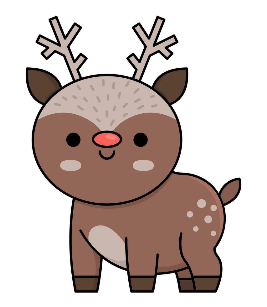 Vector colored kawaii deer. Cute Christmas animal character illustration isolated on white background. New Year or winter smiling little reindeer. Funny cartoon holiday icon