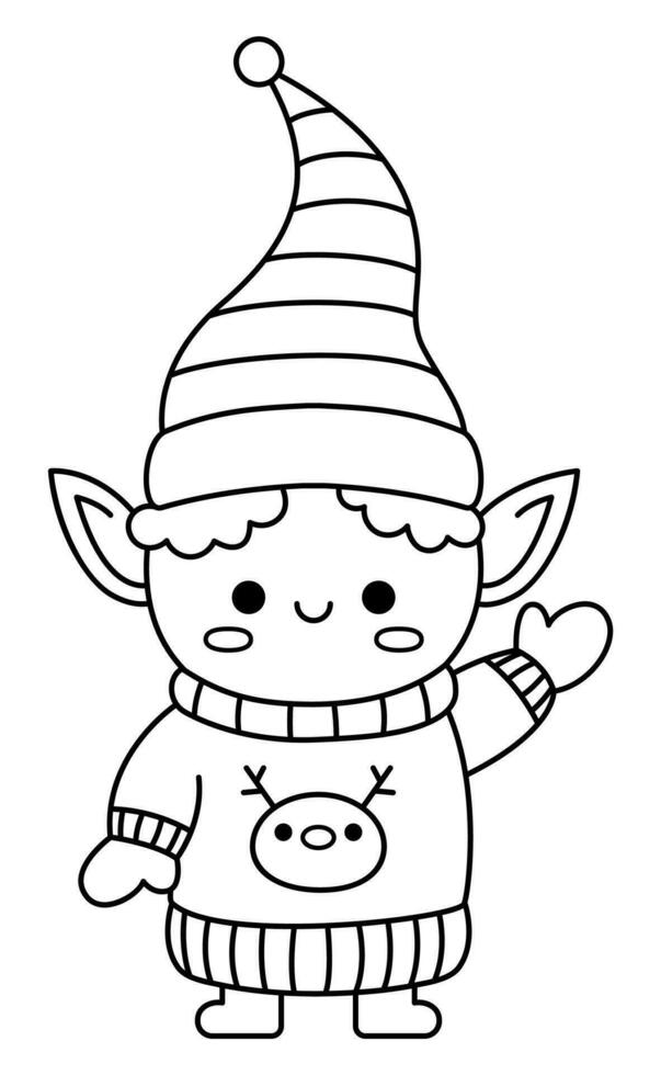 Vector black and white kawaii elf in hat, mittens and sweater. Cute Christmas character illustration isolated on white. New Year or winter smiling dwarf. Funny line icon, coloring page