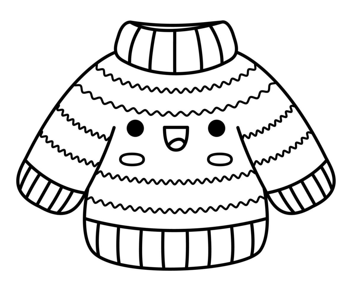 vector negro y blanco kawaii suéter. linda Navidad ropa personaje ilustración aislado en blanco antecedentes. nuevo año o invierno sonriente pull-over. gracioso línea icono, colorante página