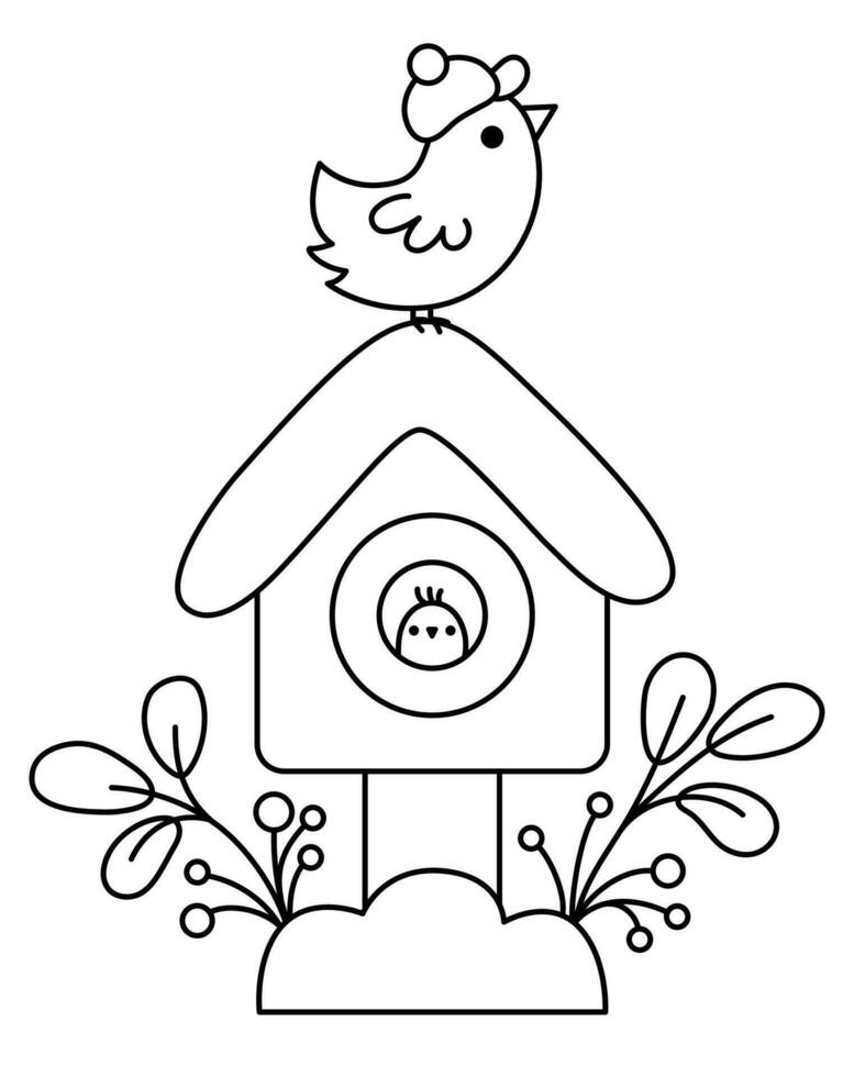 Vector black and white kawaii bird house with snow, bird, twigs. Cute Christmas starling house illustration isolated on white background. New Year or winter line icon. Funny coloring page
