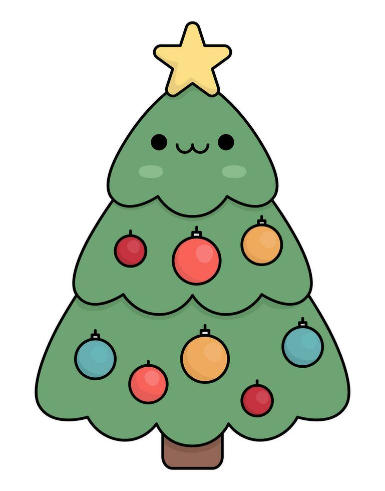 vector de colores kawaii Navidad árbol con estrella. linda abeto árbol personaje ilustración aislado en blanco antecedentes. nuevo año o invierno sonriente símbolo. gracioso dibujos animados fiesta icono