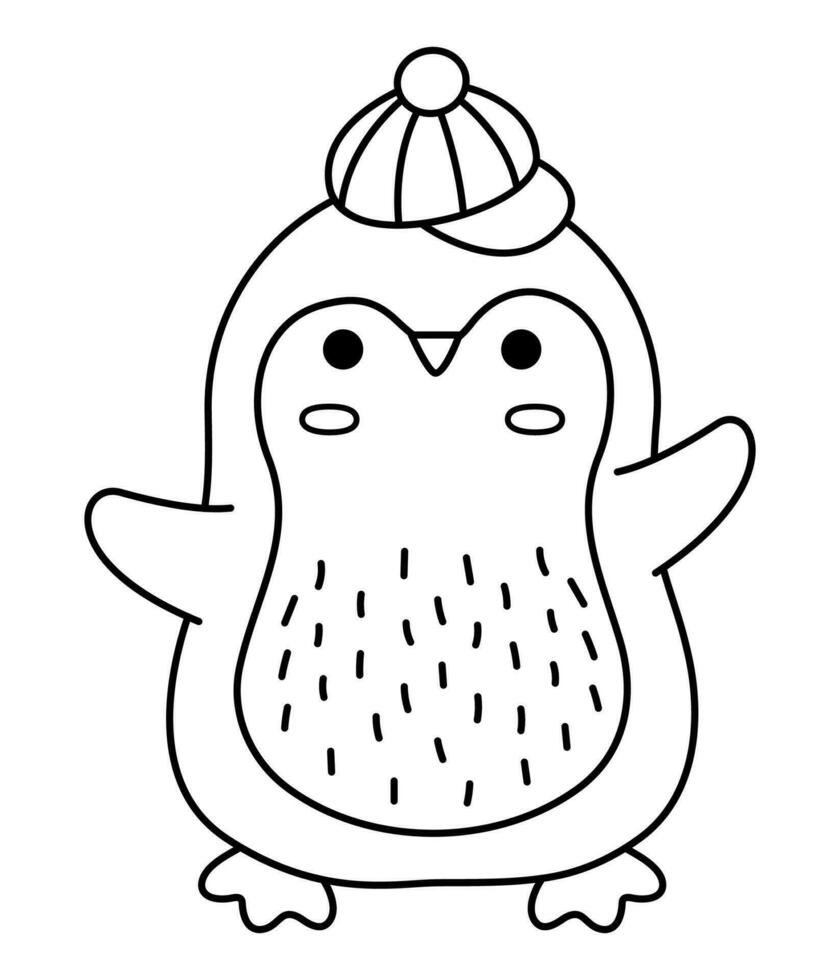 Vector black and white kawaii penguin in hat. Cute Christmas animal character illustration isolated on white background. New Year or winter smiling bird. Funny line icon, coloring page