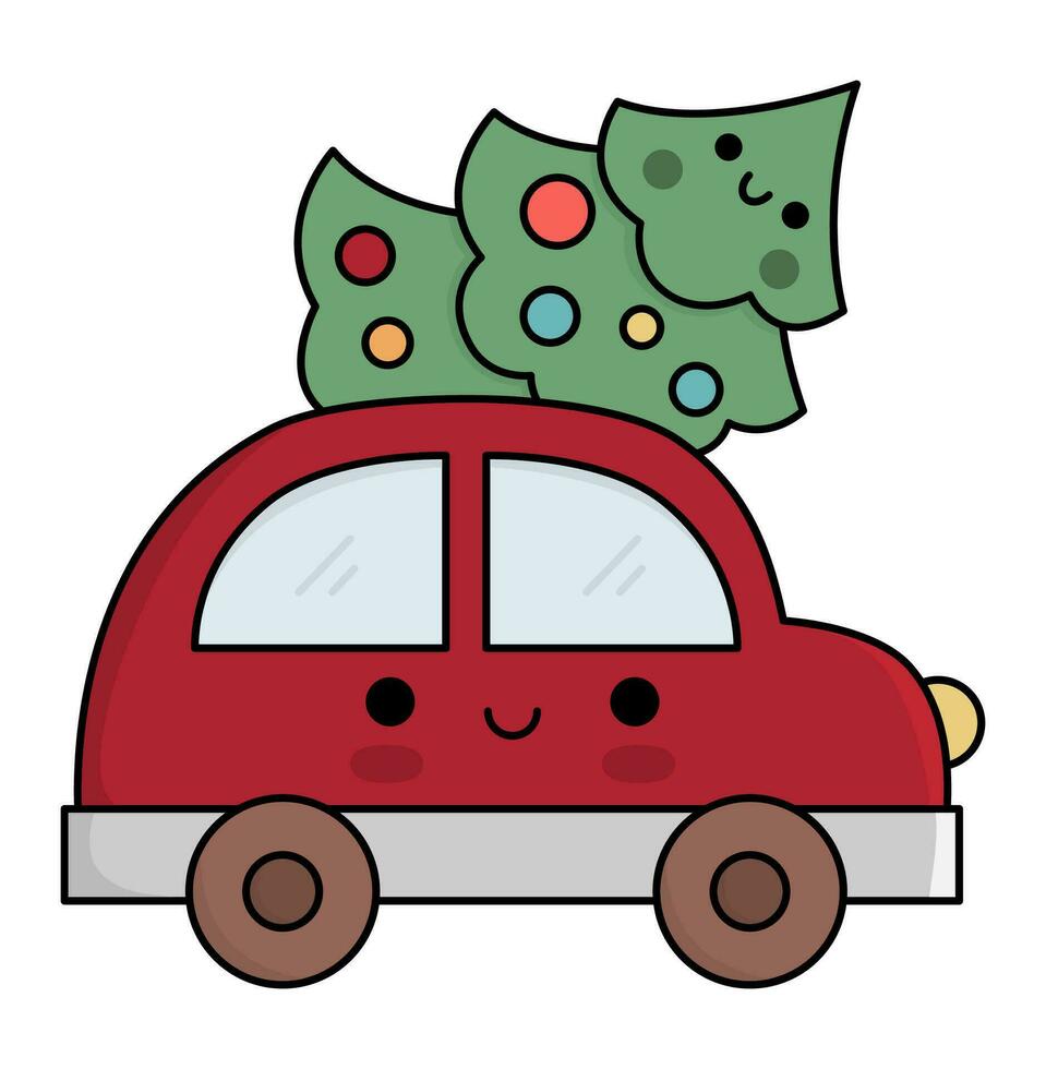 Vector colored kawaii car with Christmas tree. Cute winter automobile illustration isolated on white background. New Year transport with decorated fir tree. Funny cartoon holiday icon