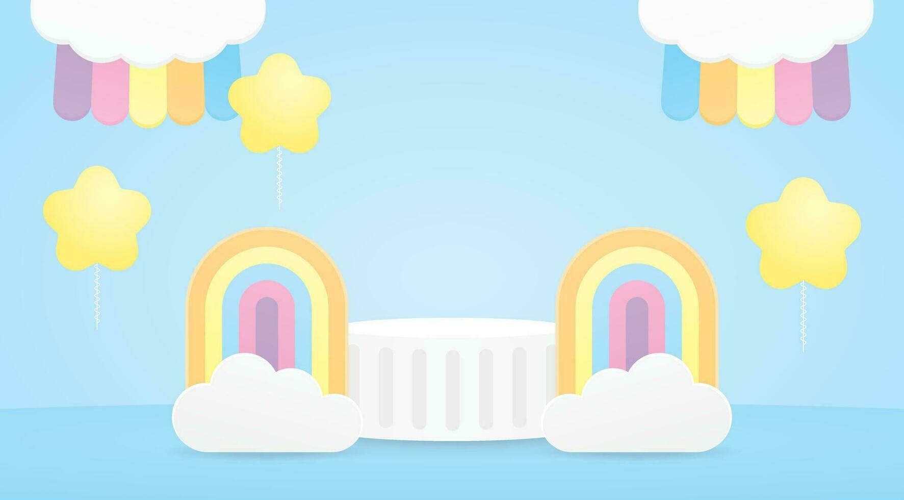 cute kawaii style product display with rainbow and cloud and star balloons 3d illustration vector for putting object