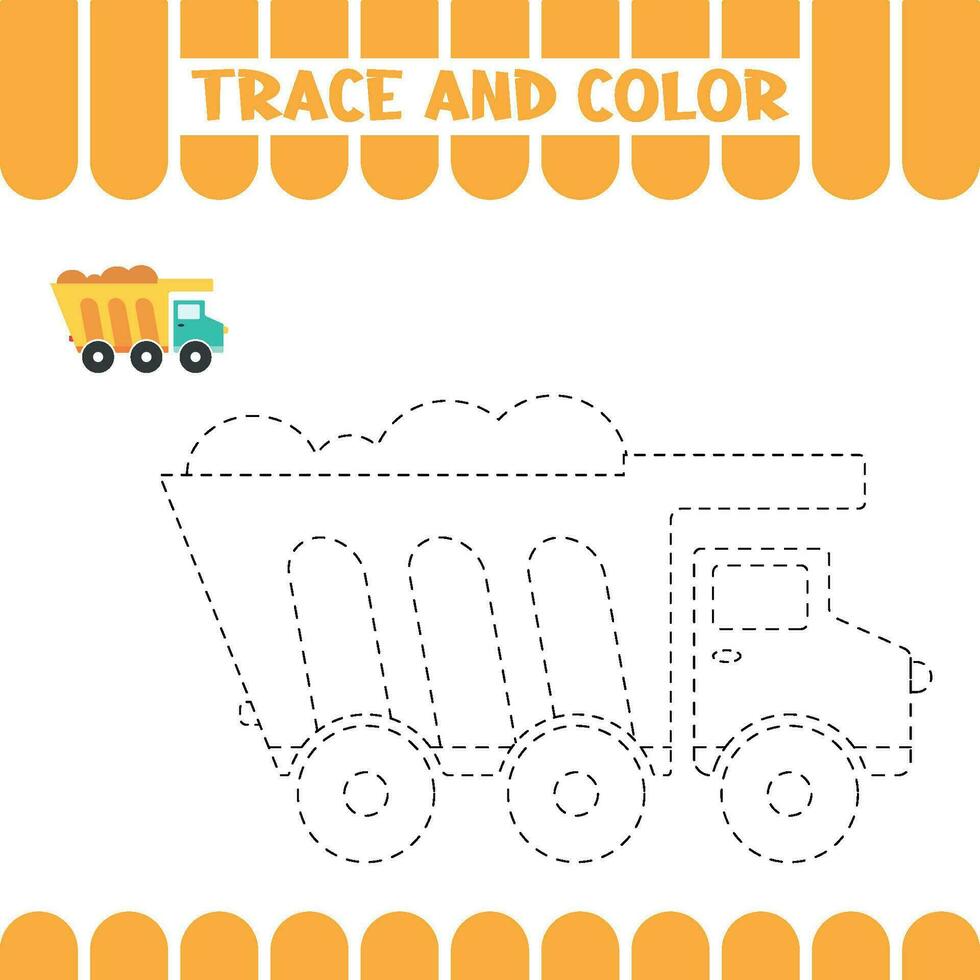 Handwriting practice activity page for preschoolers with trace dump car. Tracing educational worksheet for kids. vector