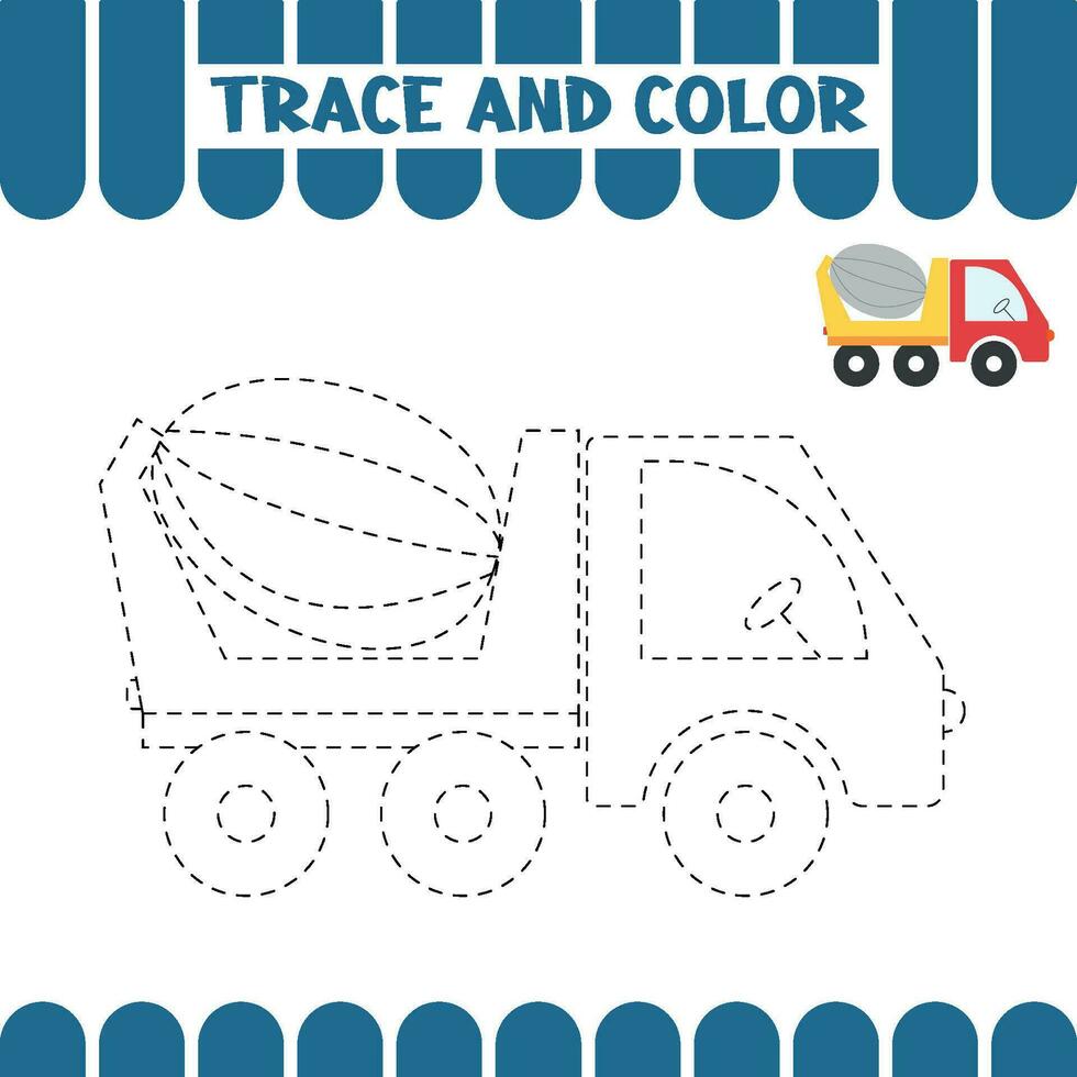 Trace concrete mixer. Tracing educational page for kids. Handwriting practice activity worksheet for preschoolers vector