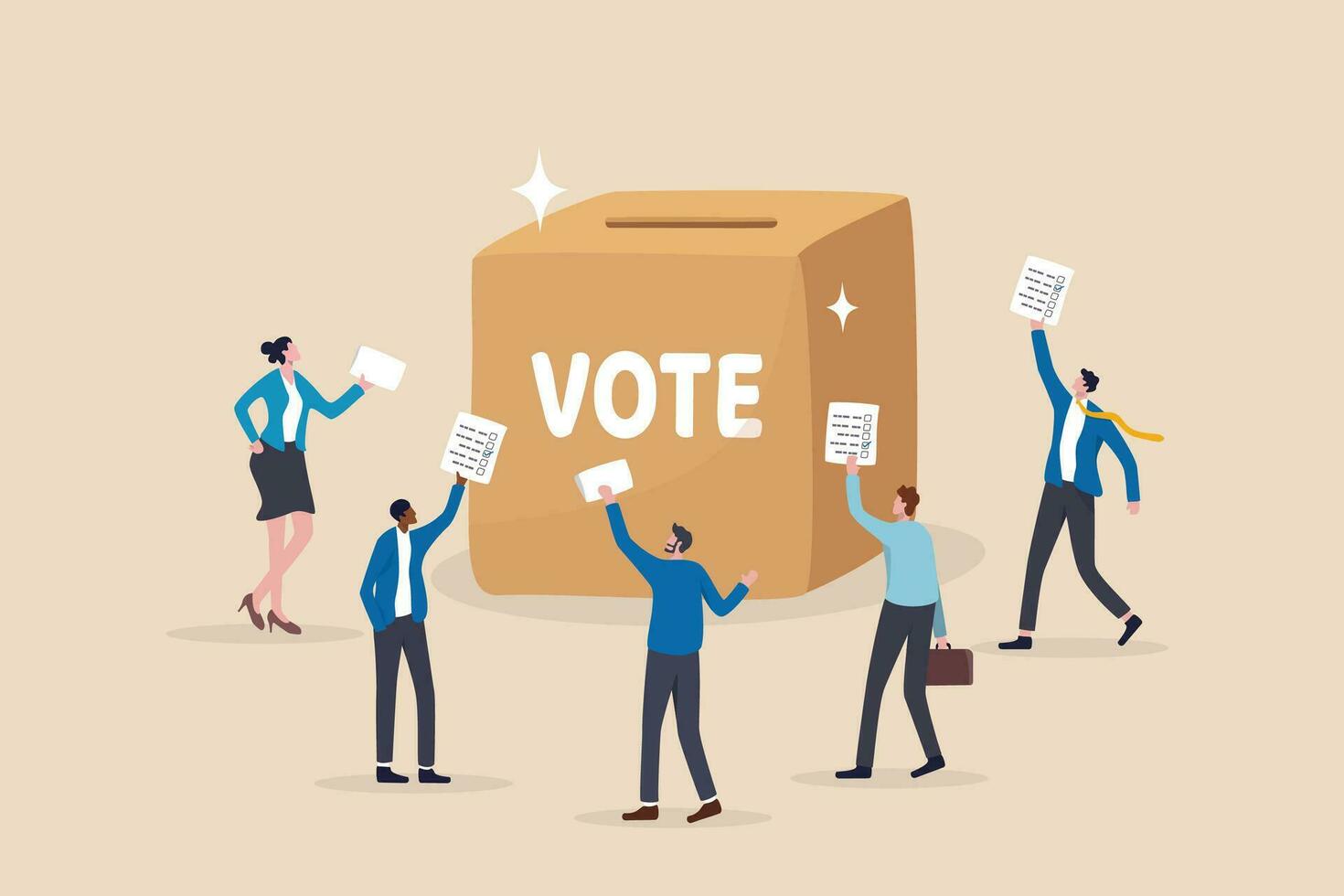 Voting, poll or employee feedback questionnaire, politic choice, opinion or democracy, election or customer survey, referendum concept, diverse people hold voting paper checkmark putting in vote box. vector