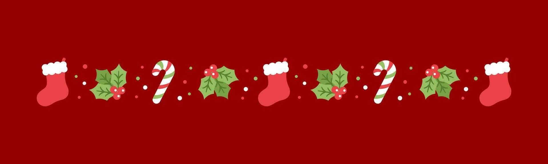 Christmas themed decorative border and text divider, Christmas Stocking, Candy Cane and Mistletoe Pattern. Vector Illustration.