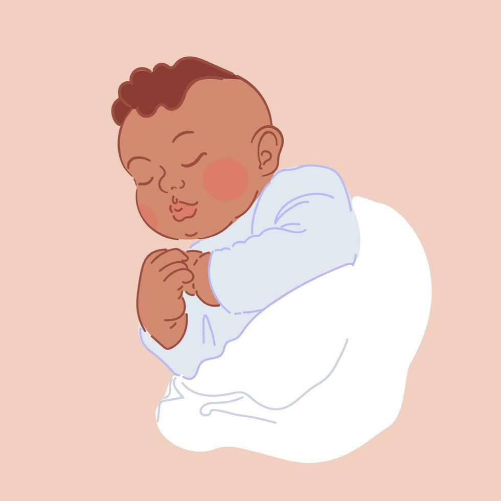 Cute little newborn black baby boy or girl in a striped t-shirt is sleeping. Soft pillow. Bedtime. Sleep expert emblem. Calm healthy childrens sleep. Sleep training. illustration in a sketch style vector
