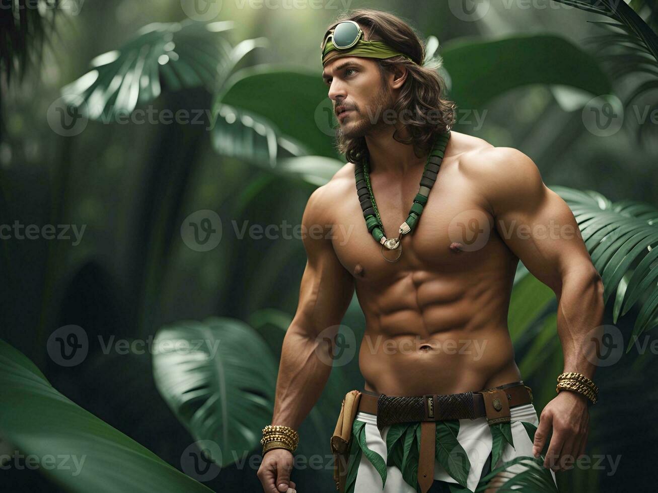 portrait of handsome young man posing in the jungle with a big chest. photo