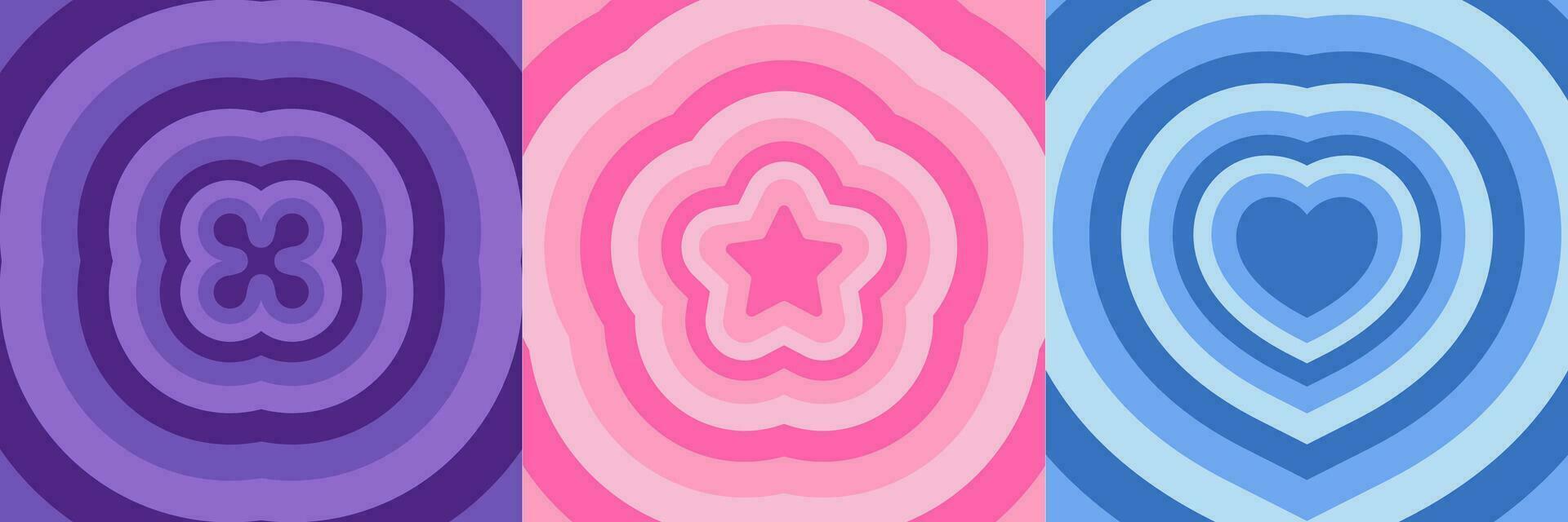 Groovy backgrounds with heart and flower. Retro psychedelic pink tunnel illustration. 60s 70s cartoon design for poster. Y2K romantic wallpaper. Vector art