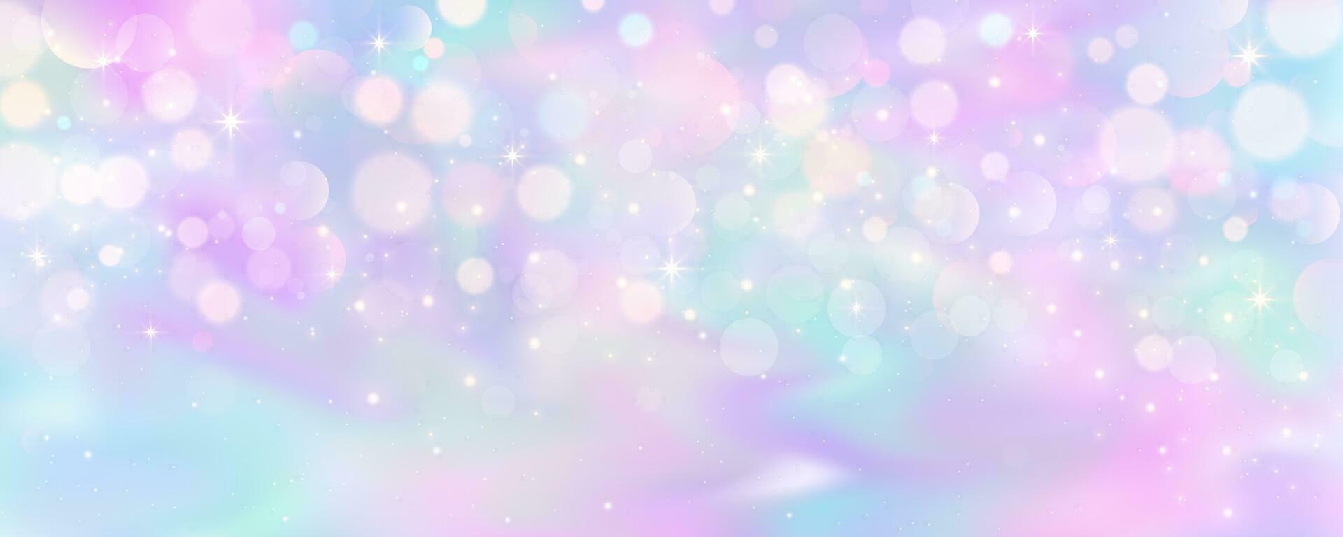 Purple unicorn background. Pastel watercolor sky with glitter stars and bokeh. Fantasy galaxy with holographic texrure. Magic marble space. Vector