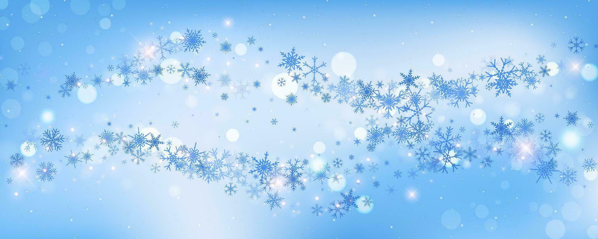 Winter snowflakes background. Icy wave of cold snowfall on light blue backdrop. Magic Christmas sky with crystal stars and bokeh. Vector abstract wallpaper