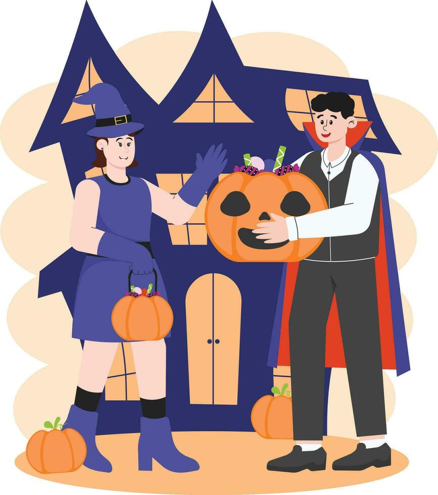 Two People Trick-or-Treating for Halloween Candy Illustration vector