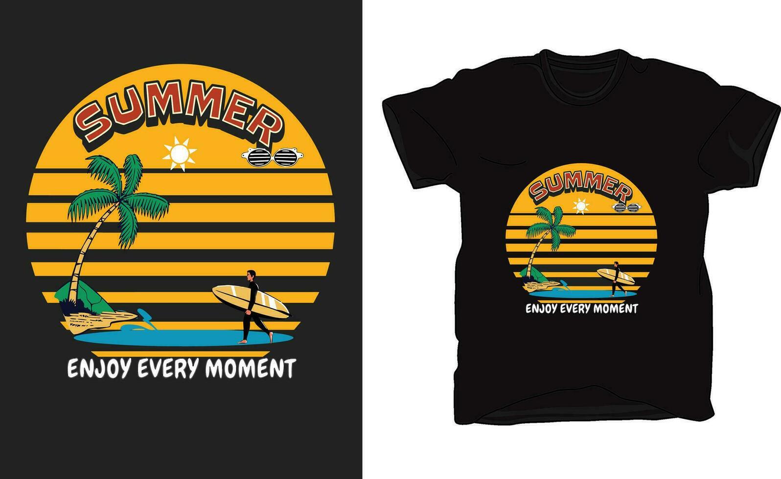 Beautiful T-Shirt design where sound shape with tree and summer enjoy every moment in words. vector