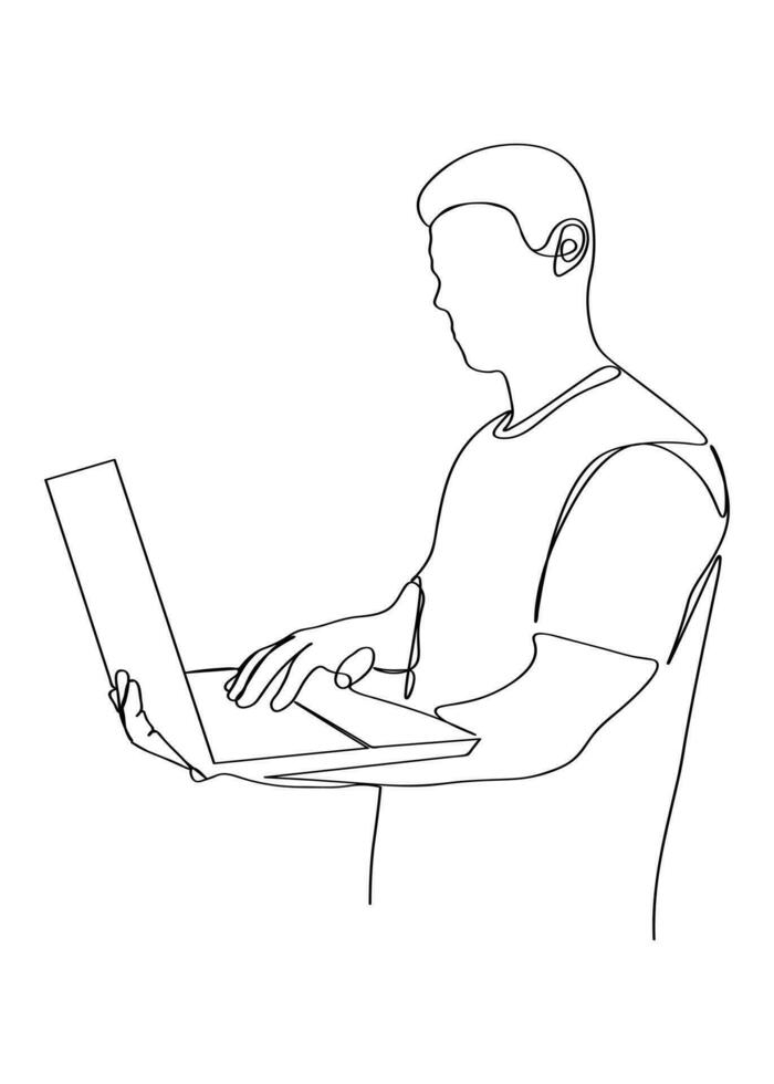 One line drawing of a man working with a laptop. Trendy one line draw design graphic vector illustration.