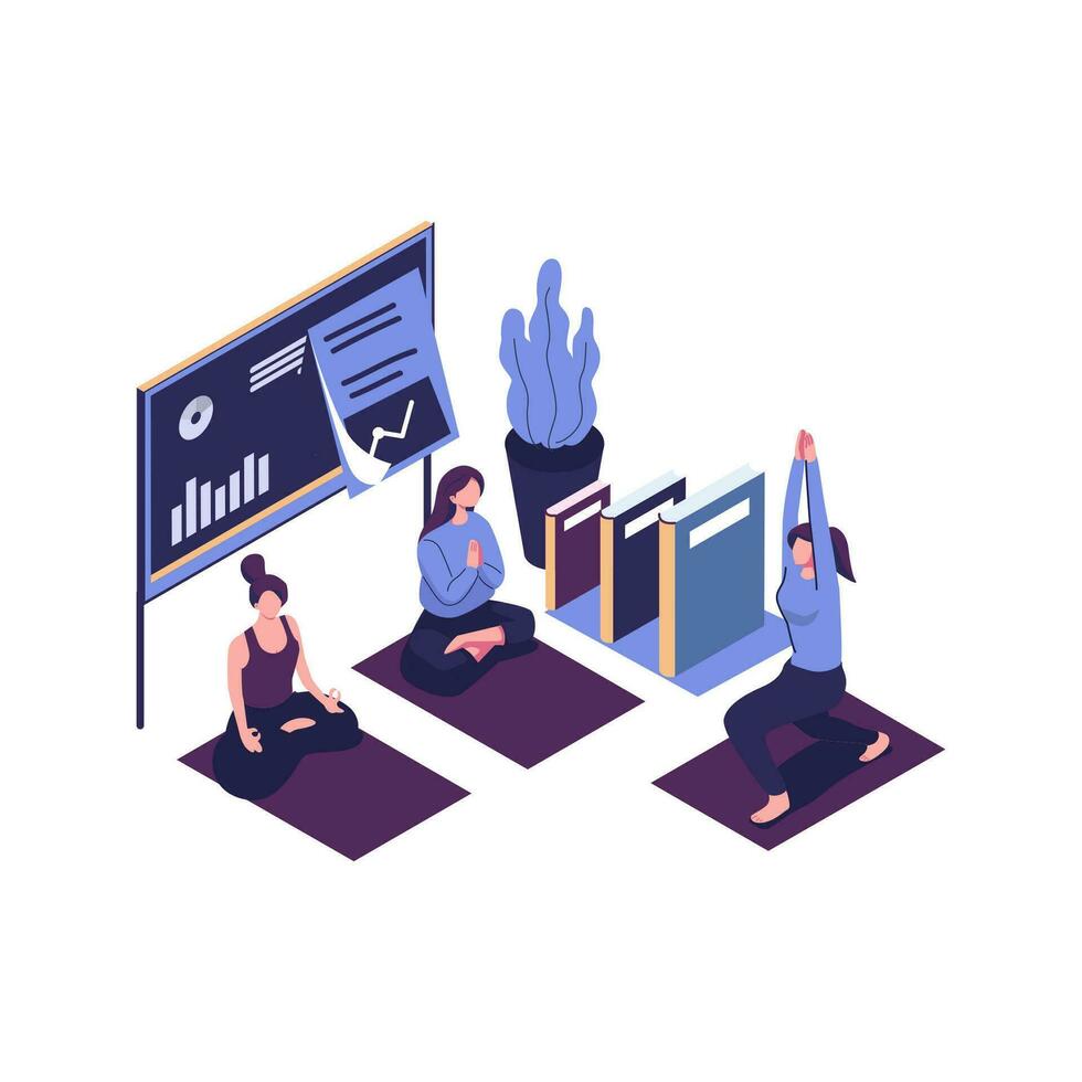 Vector illustration, vector, concept of working hours meditation, break, steam yoga, health benefits of the body, mind and emotions, thought process