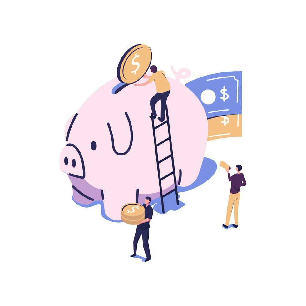 a large piggy bank in the form of a piglet on a white background, financial services, small bankers are engaged in work, saving or accumulating money, a coin box with falling vector