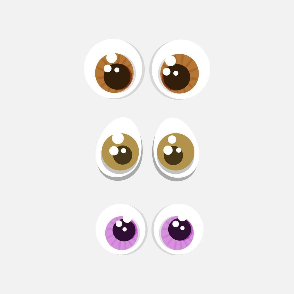 Set of three pairs of vector illustration eyes for different caracters. Cute eye for cartoon animals or people. Mini collection of cartoon eyes isolated on a white background.