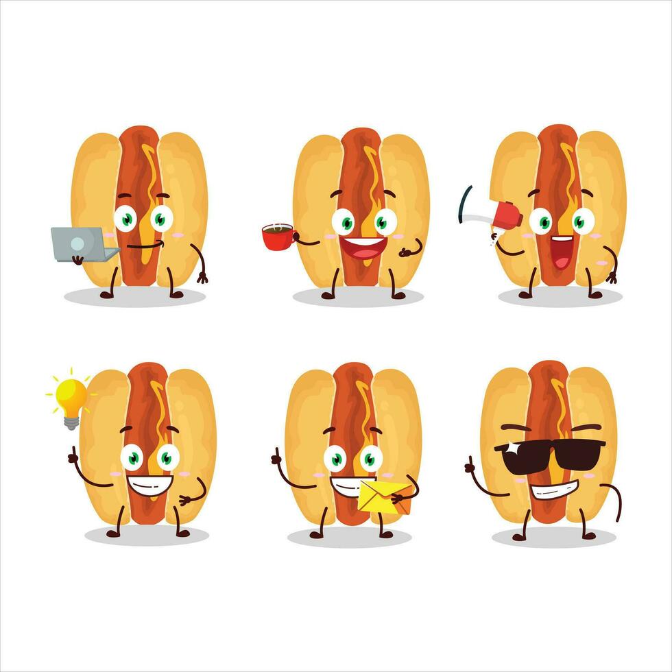 Hot dogs cartoon character with various types of business emoticons vector