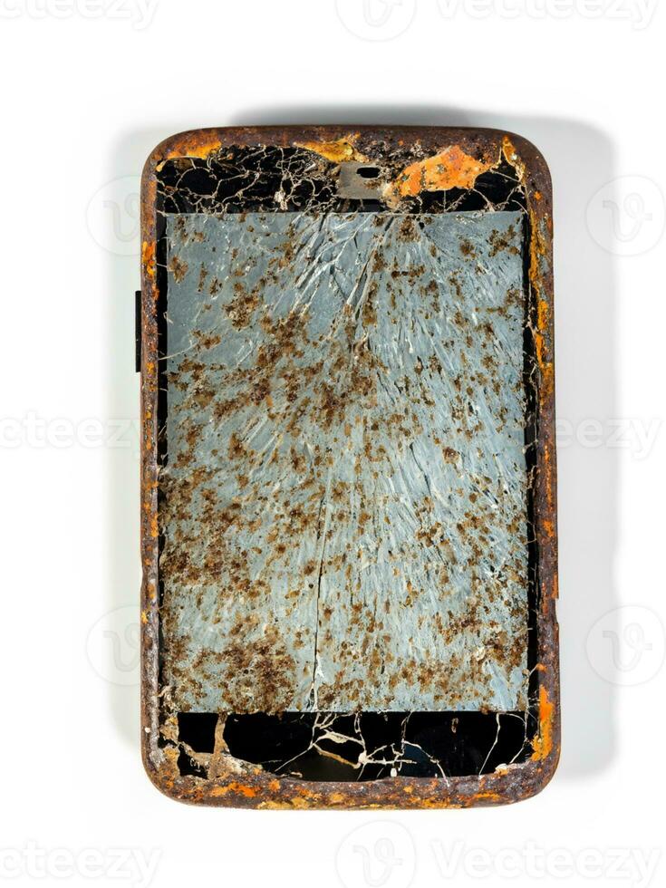 broken phone with screen isolated on white background photo