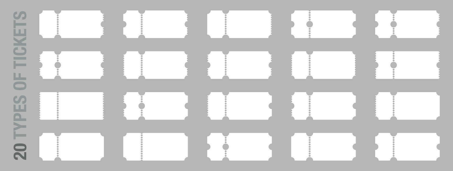 Set of 20 blank or empty ticket template. Cinema, theater, concert and boarding tickets, discount and sales coupons. vector