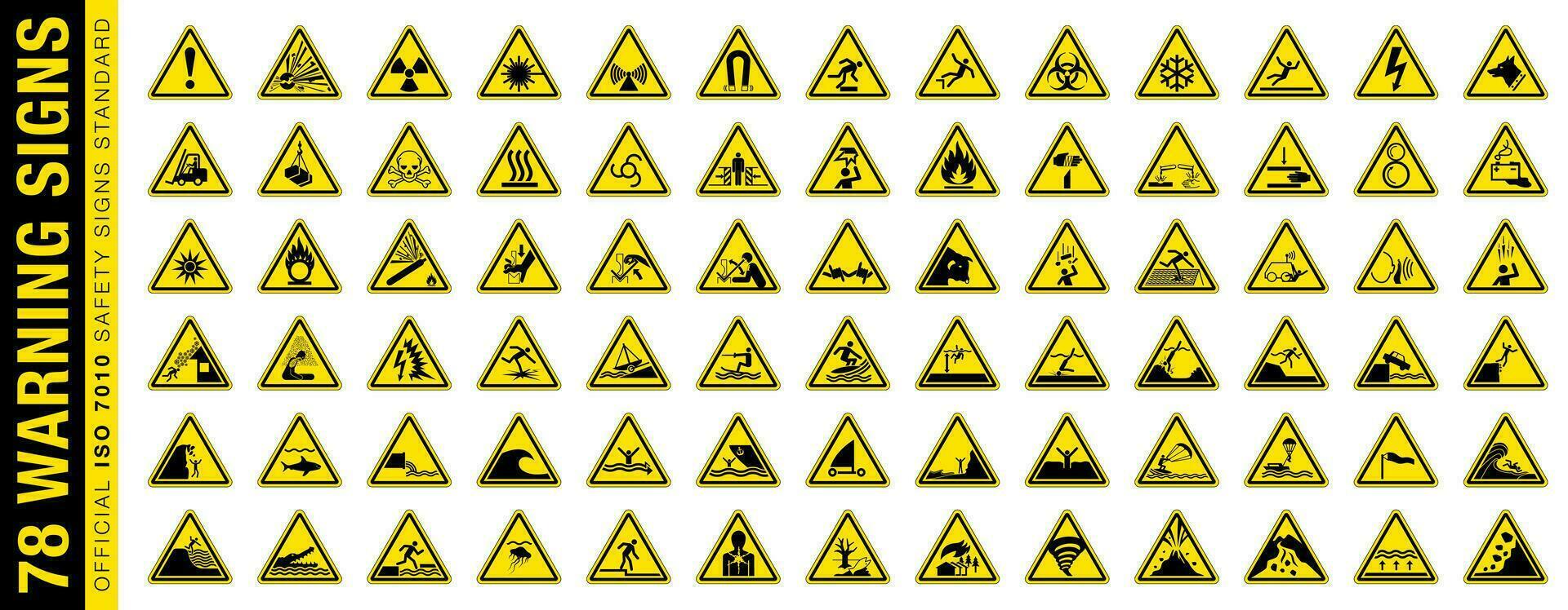 lleno conjunto de 78 aislado peligroso símbolos en amarillo redondo triángulo tablero advertencia signo. oficial Yo asi 7010 la seguridad señales estándar. vector