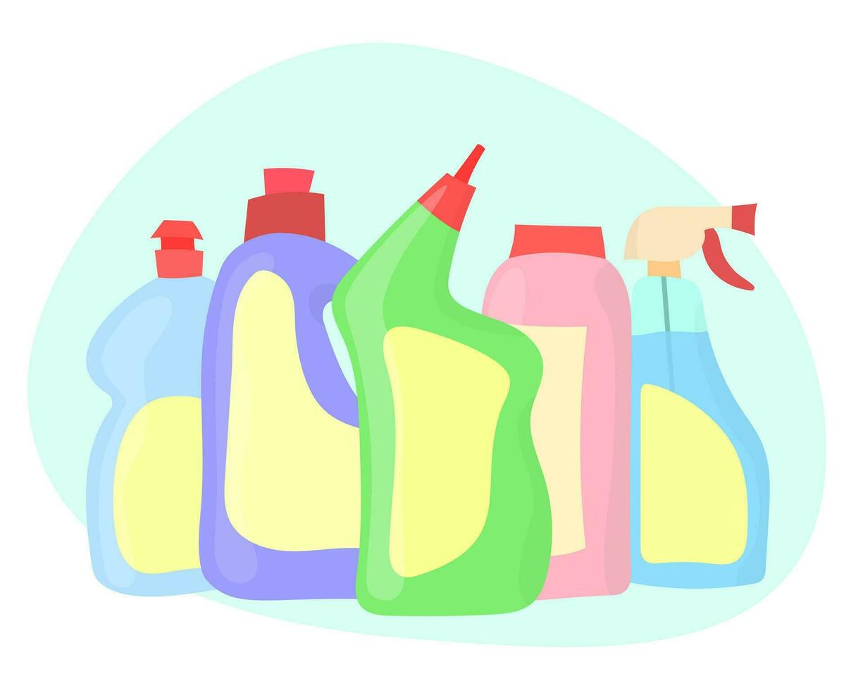 Detergent bottles household chemicals Vector set isolated. Colorful bottles of various shapes.