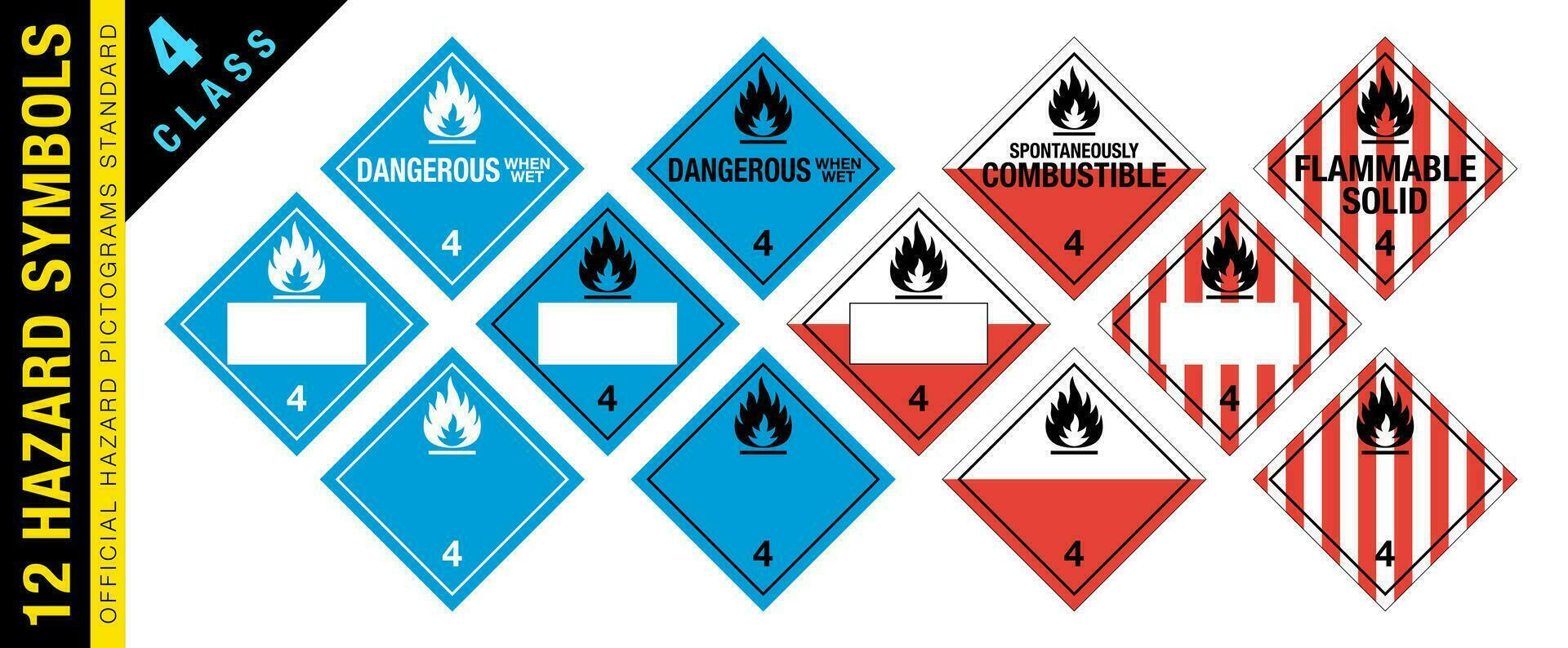 Full set of 12 Class 4 isolated hazardous material signs. Dangerous, spontaneously combustible, flammable solid. Hazmat isolated placards. Official Hazard pictograms standard. vector