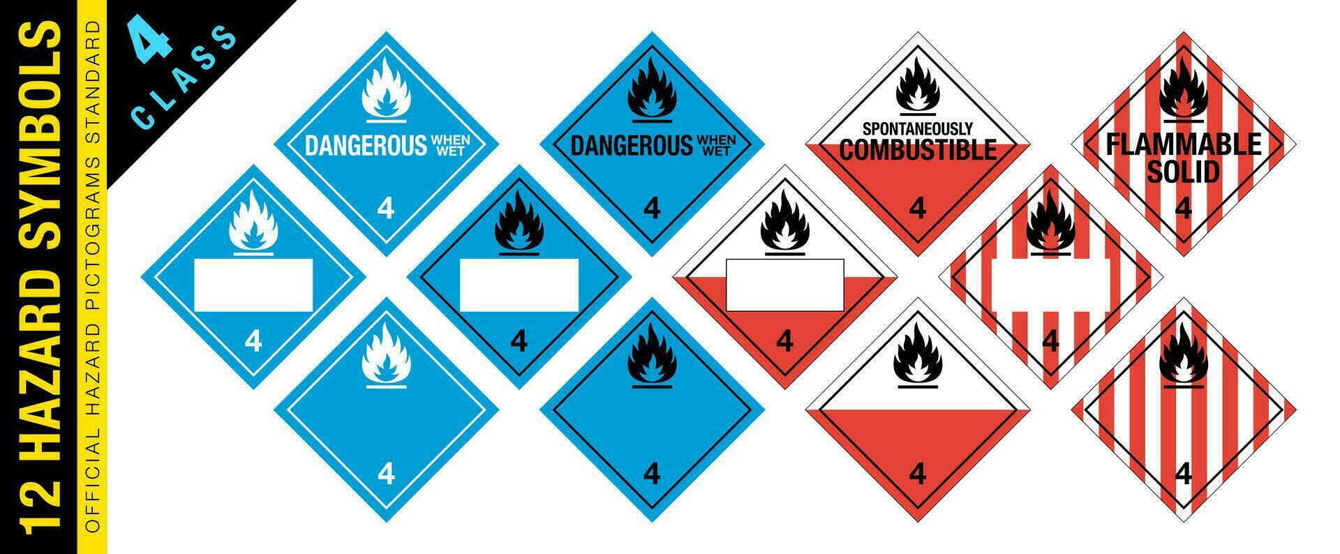 lleno conjunto de 12 clase 4 4 aislado peligroso material señales. peligroso, espontáneamente combustible, inflamable sólido. materiales peligrosos aislado carteles oficial peligro pictogramas estándar. vector