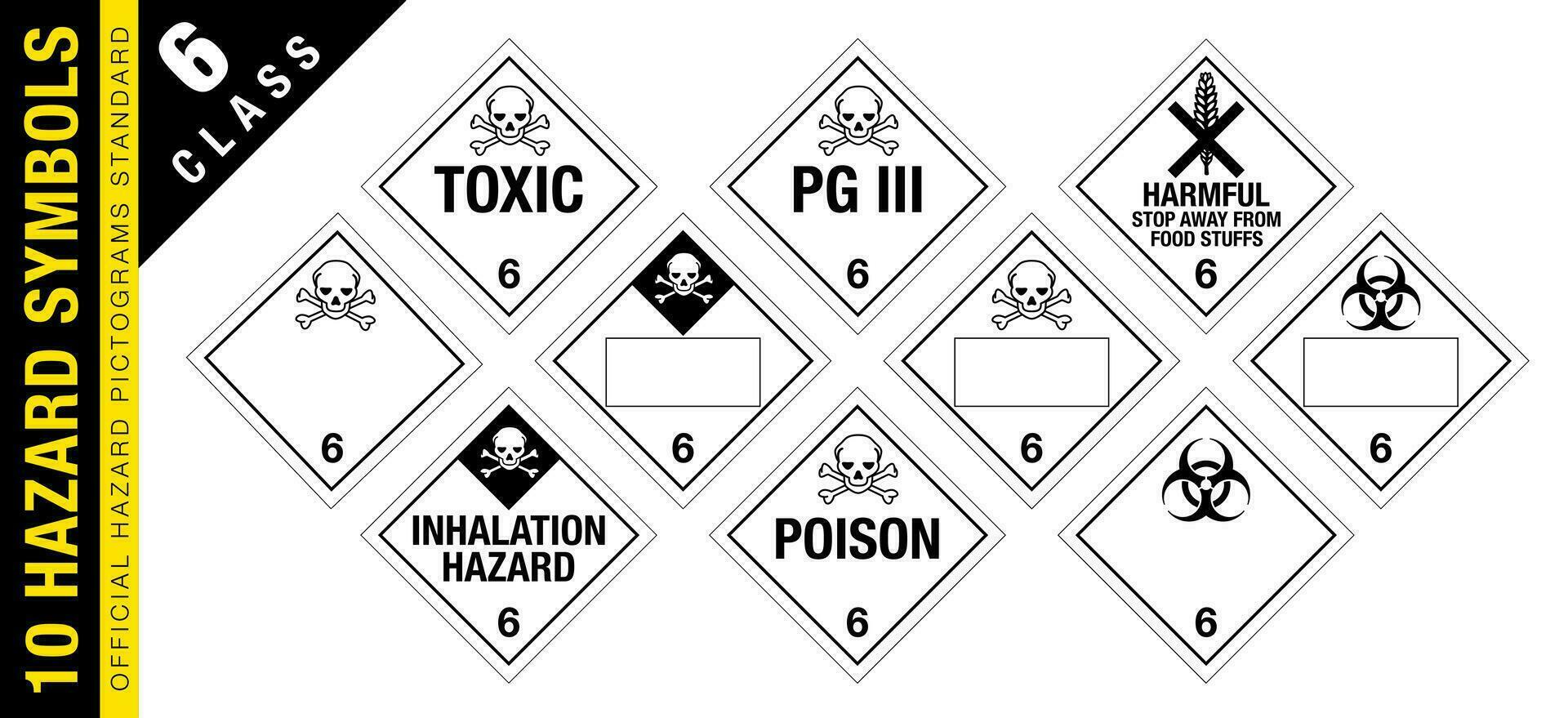 Full set of 10 Class 6 isolated hazardous material signs. Toxic, inhalation, poison, harmful. Hazmat isolated placards. Official Hazard pictograms standard. vector