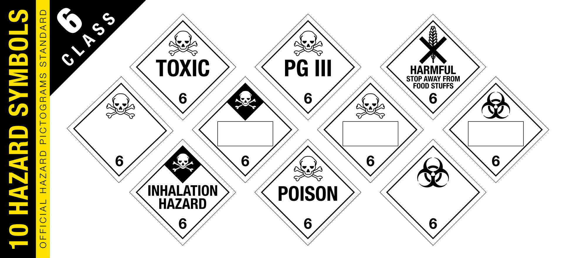 Full set of 10 Class 6 isolated hazardous material signs. Toxic