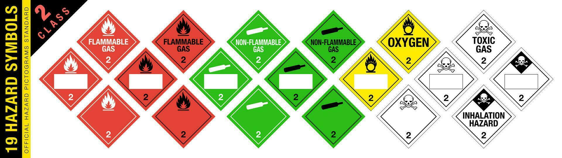 Full set of 19 Class 2 isolated hazardous material signs. Toxic, flammable gas, oxygen, poison. Hazmat isolated placards. Official Hazard pictograms standard. vector