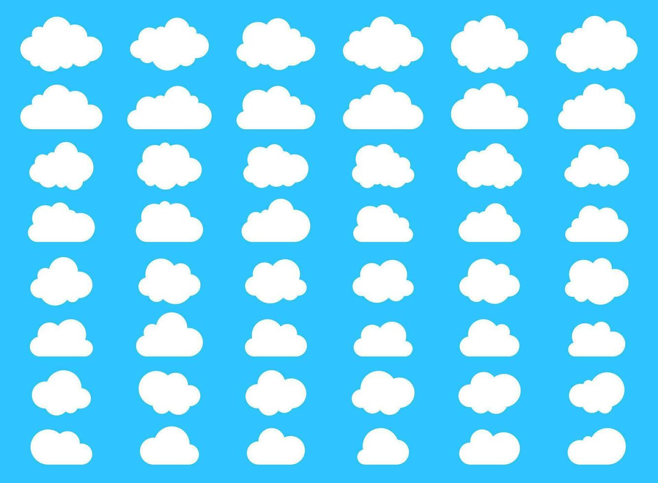 Big set of  fluffy clouds and with flat bottom cloud icons in flat style isolated on blue background. Cloud vector collection.