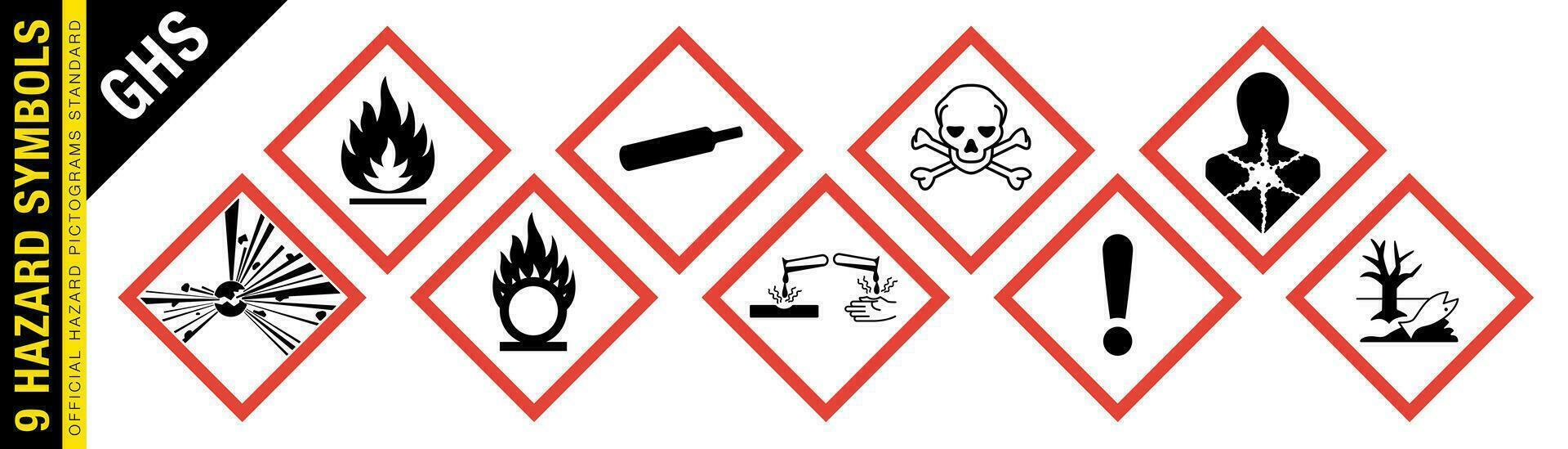 Full set of 9 isolated hazardous material signs. Globally Harmonized System Warning Signs GHS. Hazmat isolated placards. Official Hazard pictograms standard. vector