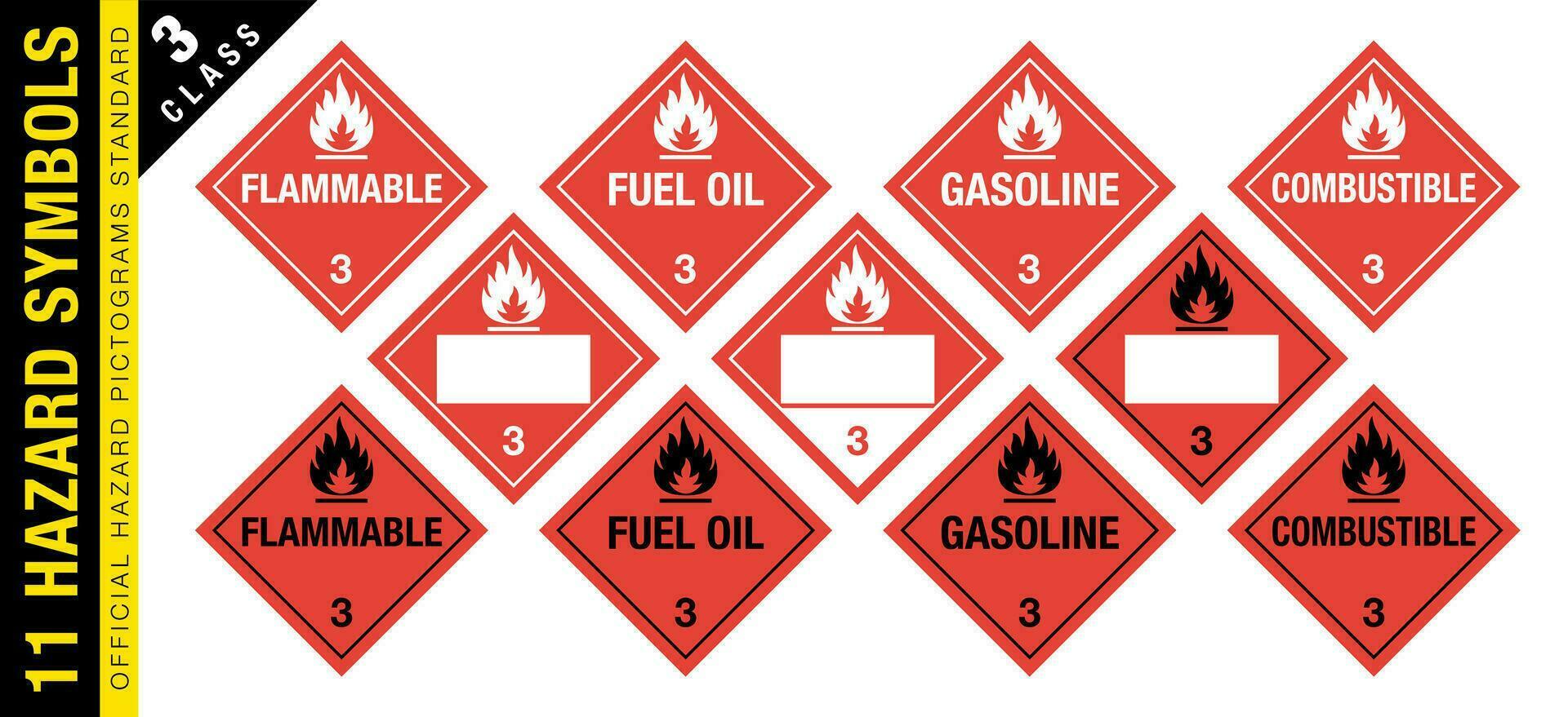 lleno conjunto de 11 clase 3 aislado peligroso material señales. combustible aceite, combustible, gasolina, inflamable. materiales peligrosos aislado carteles oficial peligro pictogramas estándar. vector