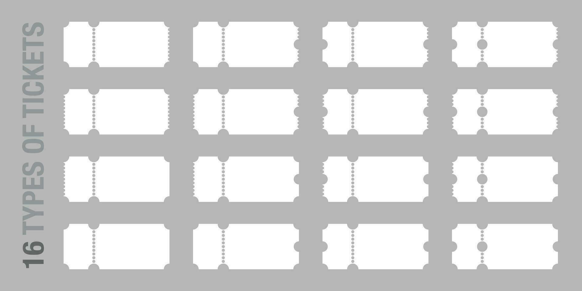 Set of 16 blank or empty ticket template. Cinema, theater, concert and boarding tickets, discount and sales coupons. vector