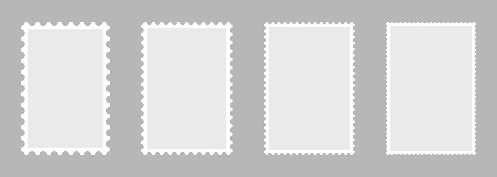 Blank set of 4 postage stamps. Paper postmarks for mail letter isolated on grey background. Vector illustration.