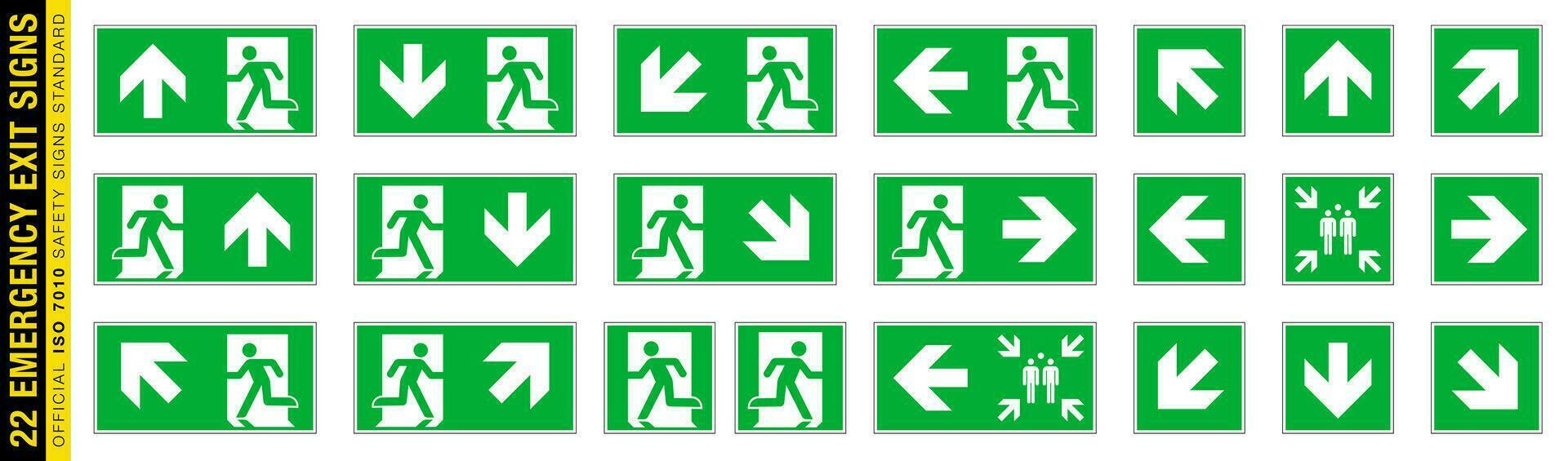 Full set of 22 isolated Emergency exit symbols on green rectangle board. Official ISO 7010 safety signs standard vector