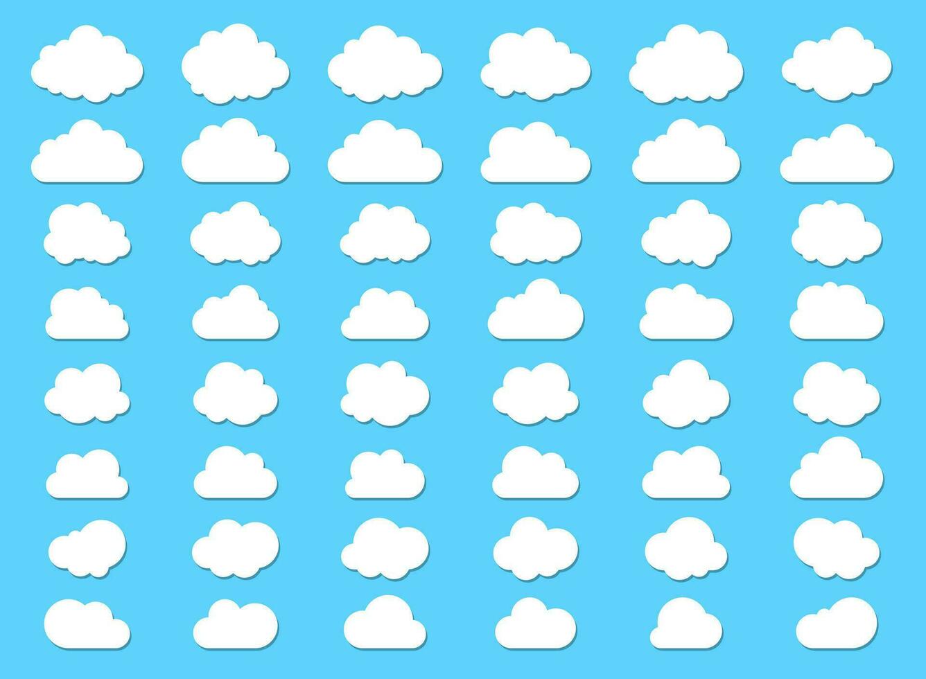 Big set of  fluffy clouds and with flat bottom cloud icons in flat style isolated on blue background. Cloud vector collection.