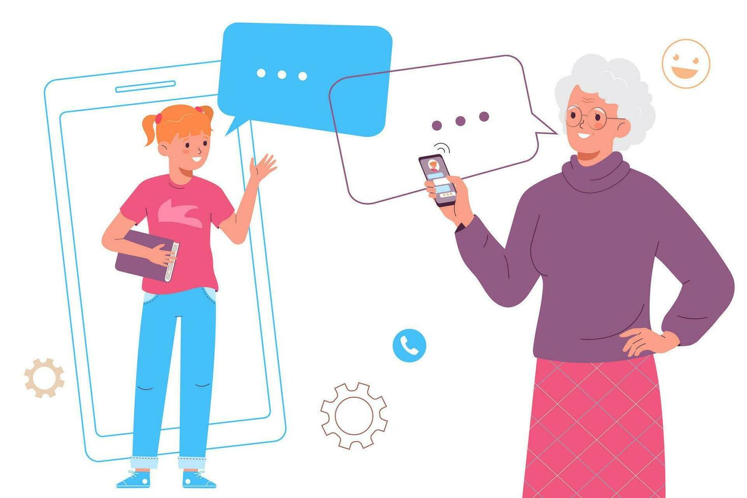 Grandma talks to her granddaughter over the Internet. An elderly woman uses  smartphone to communicate. Online communication vector