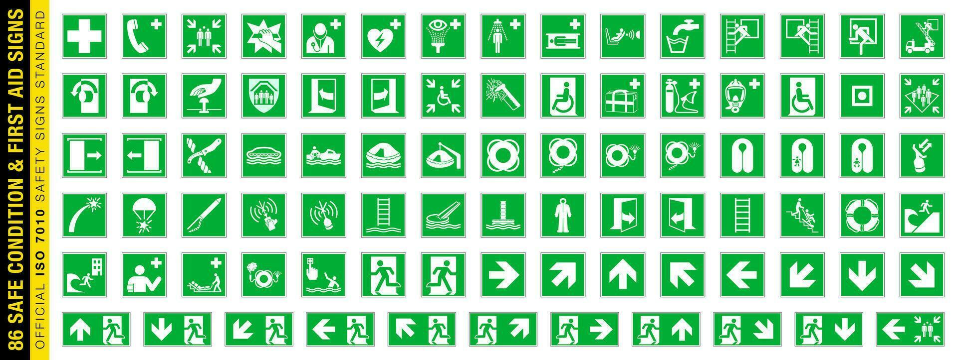 Full set of 86 isolated Safe condition and first aid symbols on green board. Official ISO 7010 safety signs standard. vector