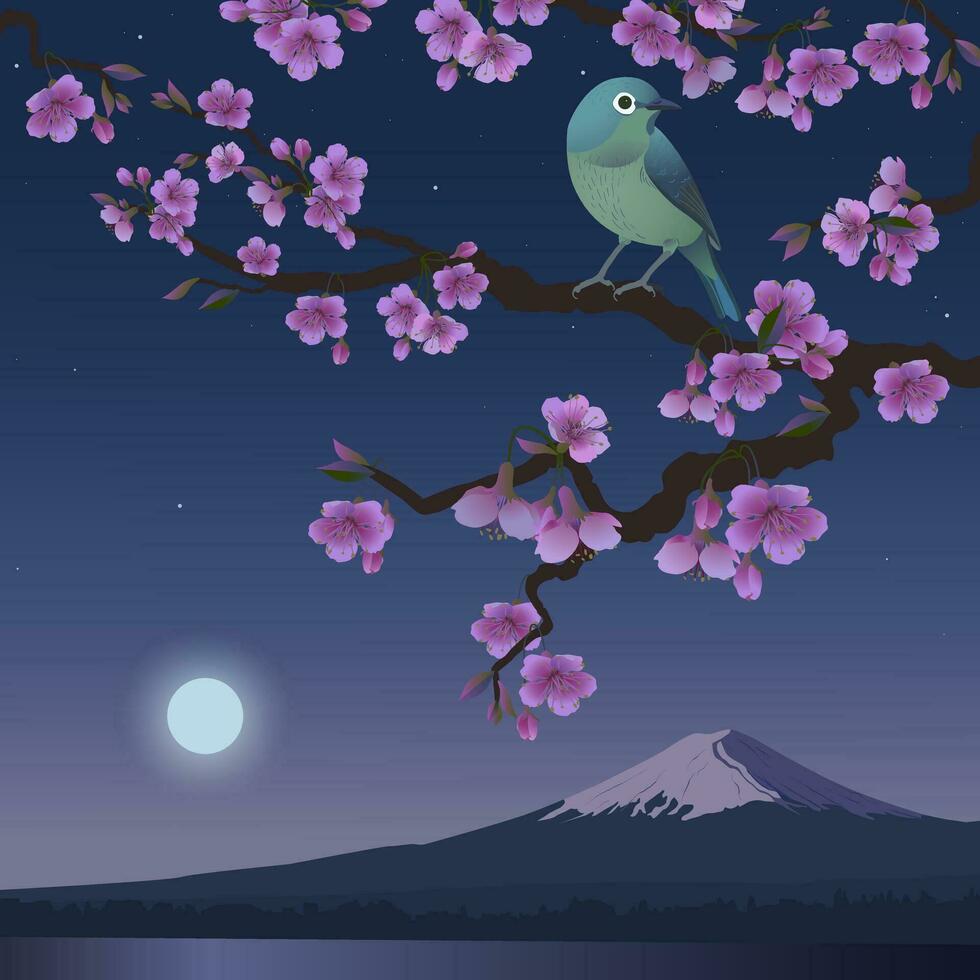 Realistic graphics of Uguisu and Sakura on a background of Fuji. Japanese Nightingale on a branch of blossoming cherries. Vector illustration of Bush Wabler. Fudjiyama in the moon.