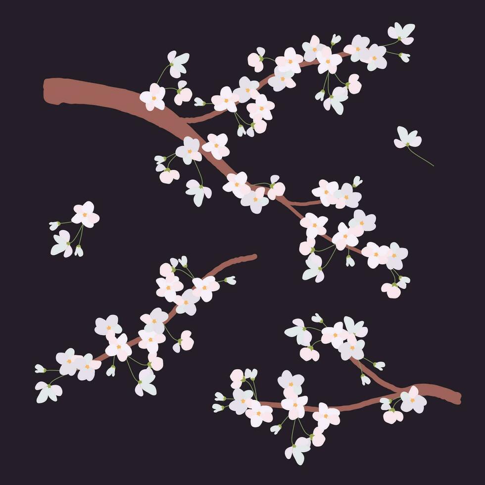 White cherry branches in a flat style. Delicate cherry flowers for greeting cards for Mother's Day, International Women's Day. Vector clipart. Japanese traditional Hanami Festival.
