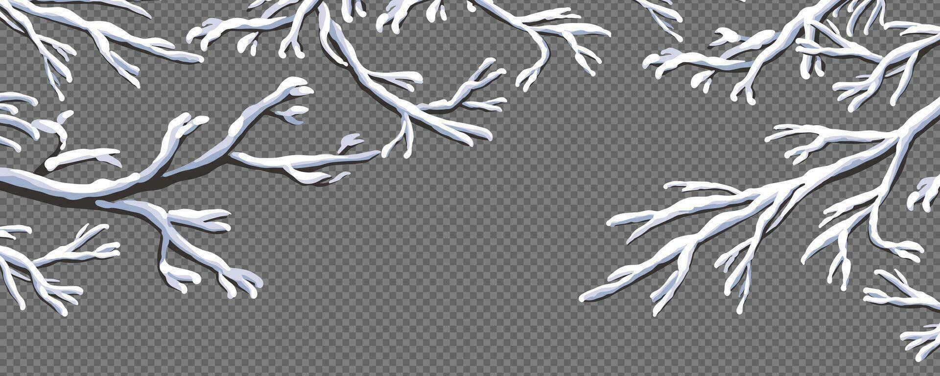 White snow on the bare branches of trees. A frosty winter day in the forest, park. A set of flat elements for a horizontal Christmas scene. Cartoon style. Vector. vector