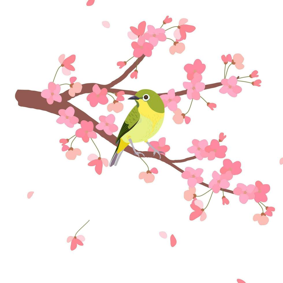 Nightingale on a branch of cherry blossoms. Symbol of the arrival of spring and love. Vector background for wedding invitations in Japanese style. Retro design. Pink Sakura and Uguisu.